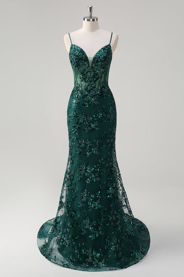 Sirena verde oscuro brillante Correas de espagueti Corsé bordado de lentejuelas Tul Vestido largo de fiesta